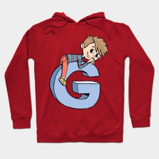 boy climbed up and lay down on the capital letter G Hoodie